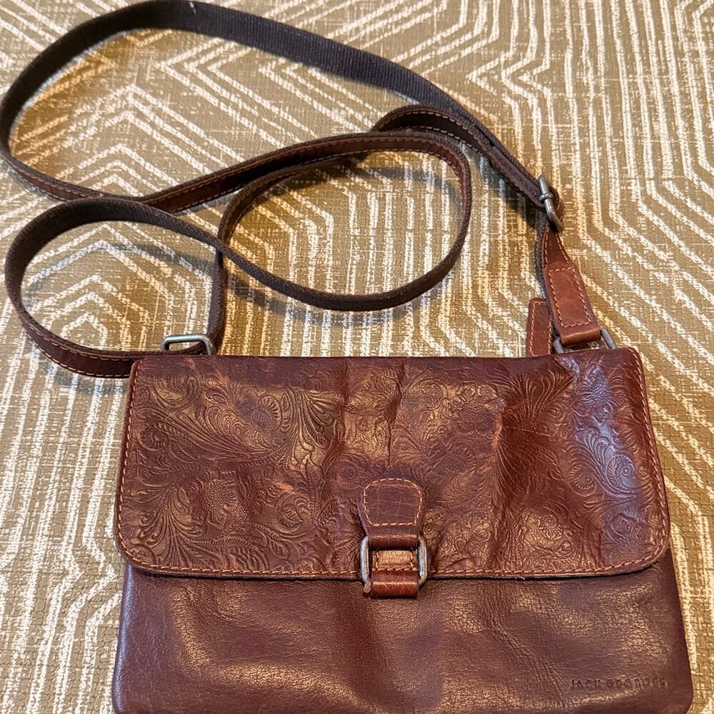 Jack Georges Leather Crossbody Wallet Organizer Tooled Floral Brown